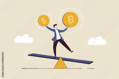 Investment portfolio with Bitcoin or crypto currency, buy or sell trading, crypto market exchange value concept, businessman investor or trader balance portfolio with dollar coin and bitcoin.