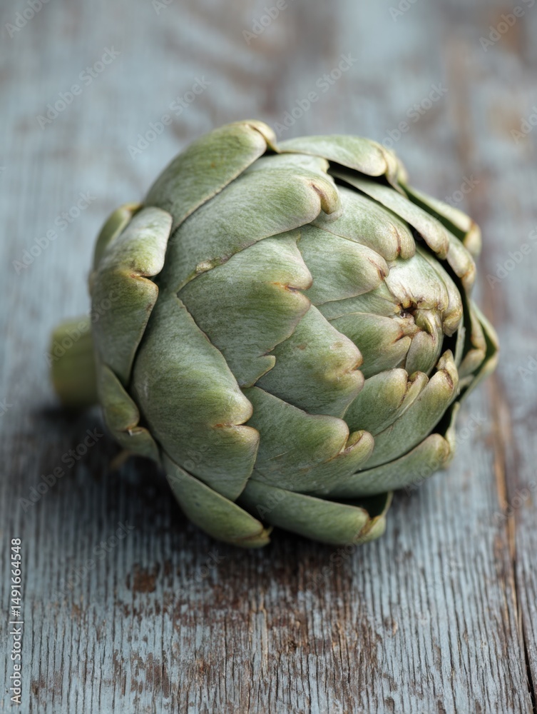 Fototapeta premium Artichoke resting on weathered wood surface close up studio shot healthy food preparation ingredient plant