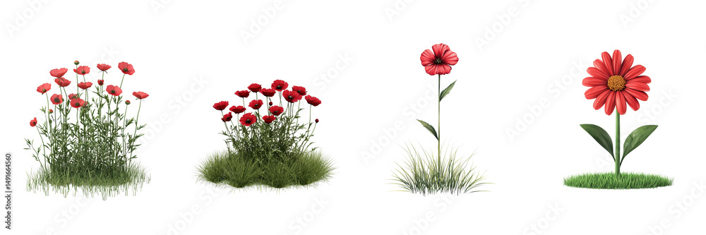 Naklejka premium Red Poppies and Daisies in Lush Green Grass a Collection of Floral Elements for Design Projects