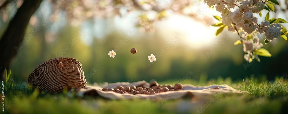 Obraz premium Pastoral picnic scene with nuts basket and blossoms in soft sunlight