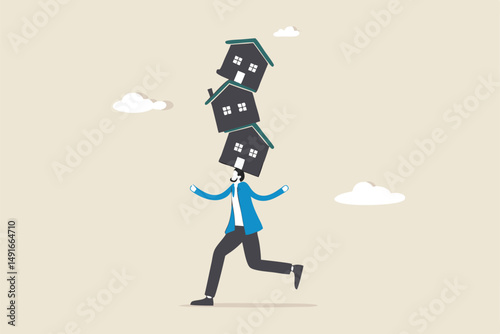 Housing investment risk, uncertainty of property mortgage loan and interest rate, real estate debt, buying too many houses concept, tried businessman balancing unstable stack of houses he bought.
