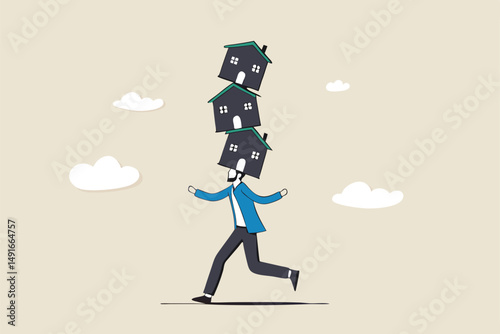 Housing investment risk, uncertainty of property mortgage loan and interest rate, real estate debt, buying too many houses concept, tried businessman balancing unstable stack of houses he bought.