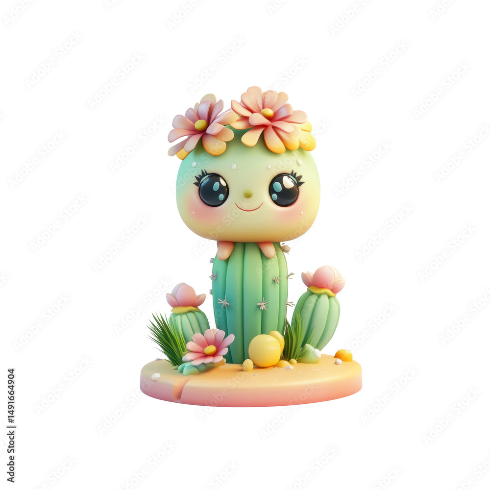 Obraz premium Adorable 3D Render of a Cute Cactus Character with Flowers