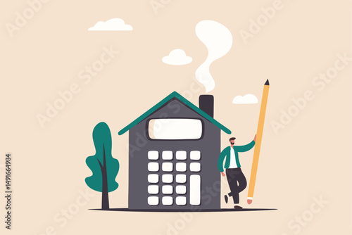 House mortgage calculation, residential budget, insurance or cost and expense, real estate investment or home refinance money concept, businessman agent or broker holding pencil with house calculator