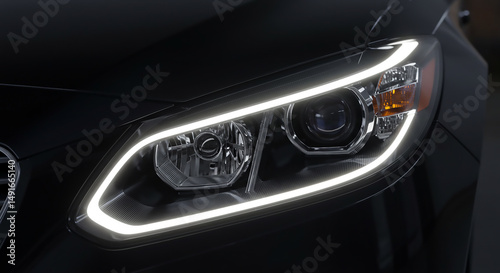 Illuminated car headlight showcasing modern design and technological advancement in automotive lighting