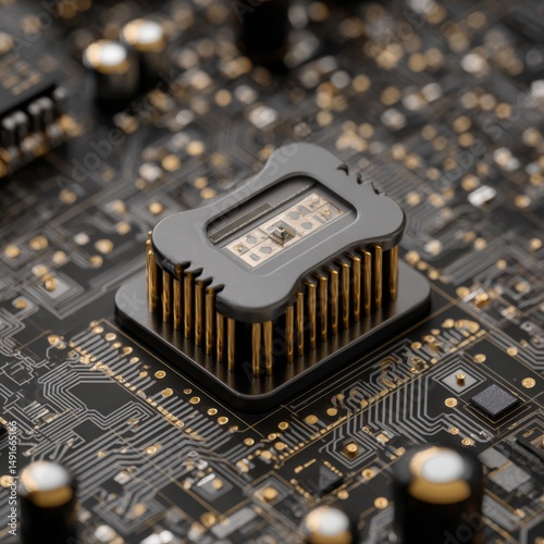 Close up of a Microchip on a Circuit Board, Macro Shot, Illustrating Technology and Innovation, High Detail, Studio Shot
