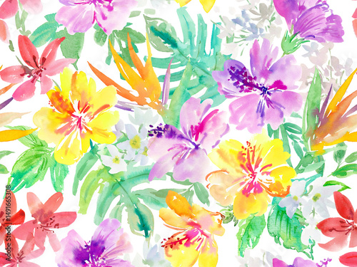 Fototapeta Naklejka Na Ścianę i Meble -  PNG seamless pattern of abstract purple and yellow hibiscus flowers, tropical foliage, and monstera leaves painted in watercolor. Hand painted floral wallpaper in watercolor for wedding invitation.