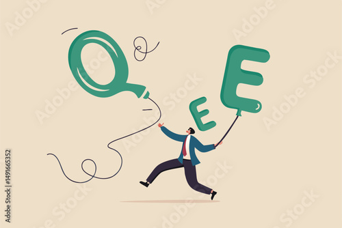 QE tapering FED, federal reserve stop or reduce Quantitative Easing policy when economic recovered with stock market impact concept, panic businessman run to catch deflate balloon with alphabet QE.