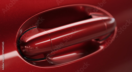 A close up of a sleek red car door handle showcasing modern automotive design and smooth reflections