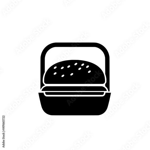 Hamburger in takeaway box icon representing fast food packaging, delivery meals, and mobile snack concepts