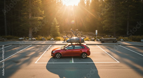 Red car parked in parking lot with bike on top and trees in background on a sunny day outdoors scene