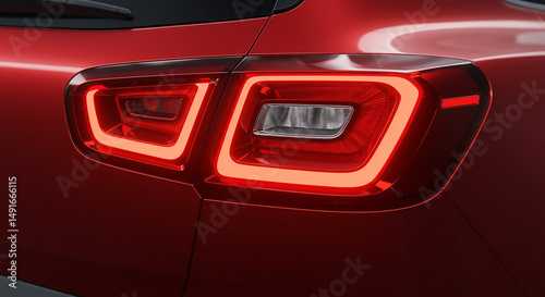 Close up of the illuminated taillights of a red car showing the modern design and sleek lines of the vehicle