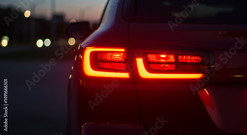 Close up shot of a car's rear with illuminated taillights at dusk in an urban setting at night