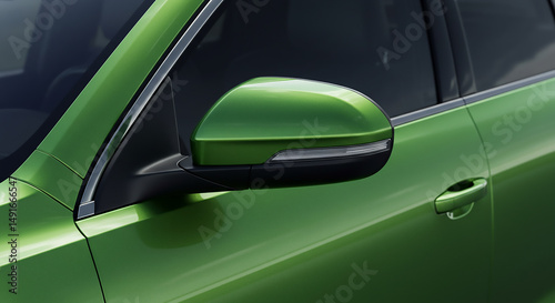Close up of a green car showing the side mirror door handle and window trim in bright light