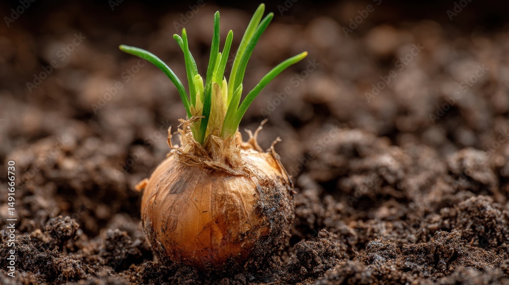Close-up of onion bulb sprouting green shoots in dark soil showing new growth and spring planting in garden setting Close-up of onion bulb sprouting green shoots in dark soil showing new growth and spring planting in garden setting