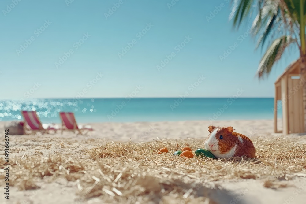 Obraz premium Guinea pig vacation at the beach with sea view and palm trees in summer