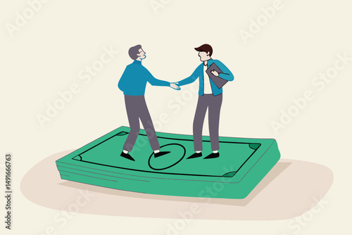 Salary negotiation, pay raise discussion or wages and benefit agreement, business deal or merger and acquisition concept, business people handshake on pile of money banknote after finish agreement.