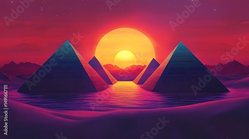 Colorful artistic pyramids sunset landscape