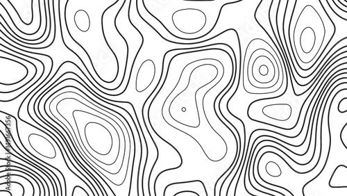 Abstract black and white hand drawn wavy line drawing seamless pattern. Landscape geodesy topographic map background. Abstract geometric topographic contour map background Vector.

