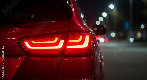 Close up of the rear of a red car with illuminated tail lights at night on a street with lights