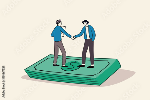 Salary negotiation, pay raise discussion or wages and benefit agreement, business deal or merger and acquisition concept, business people handshake on pile of money banknote after finish agreement.