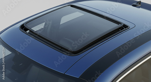 A top down view of a blue car with a sunroof and a black racing stripe on the driver's side roof area