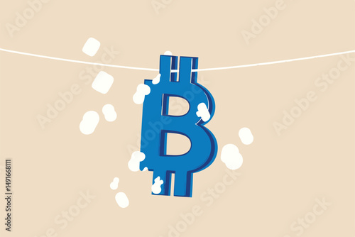 Bitcoin and cryptocurrency using for money laundering or payment in dark market, financial crime or criminal ransom pay concept, drying B alphabet with pegs as Bitcoin symbol after laundering.