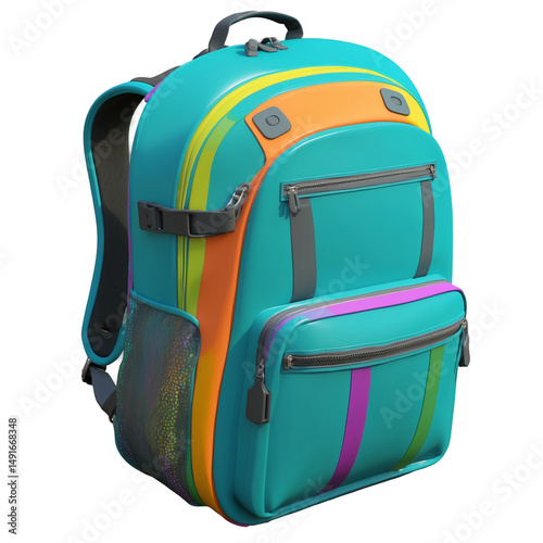 Blue backpack with colorful shapes suitable for school supplies, travel gear, hiking equipment, outdoor adventures, and trendy fashion accessories.