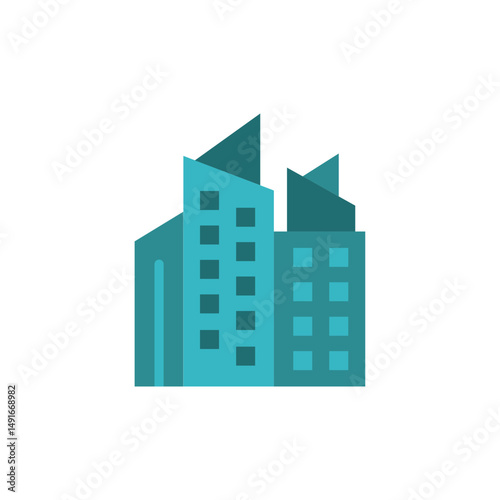 Stylized Teal Skyscraper Configuration, Urban Architectural Icon Design, Minimalist Graphics