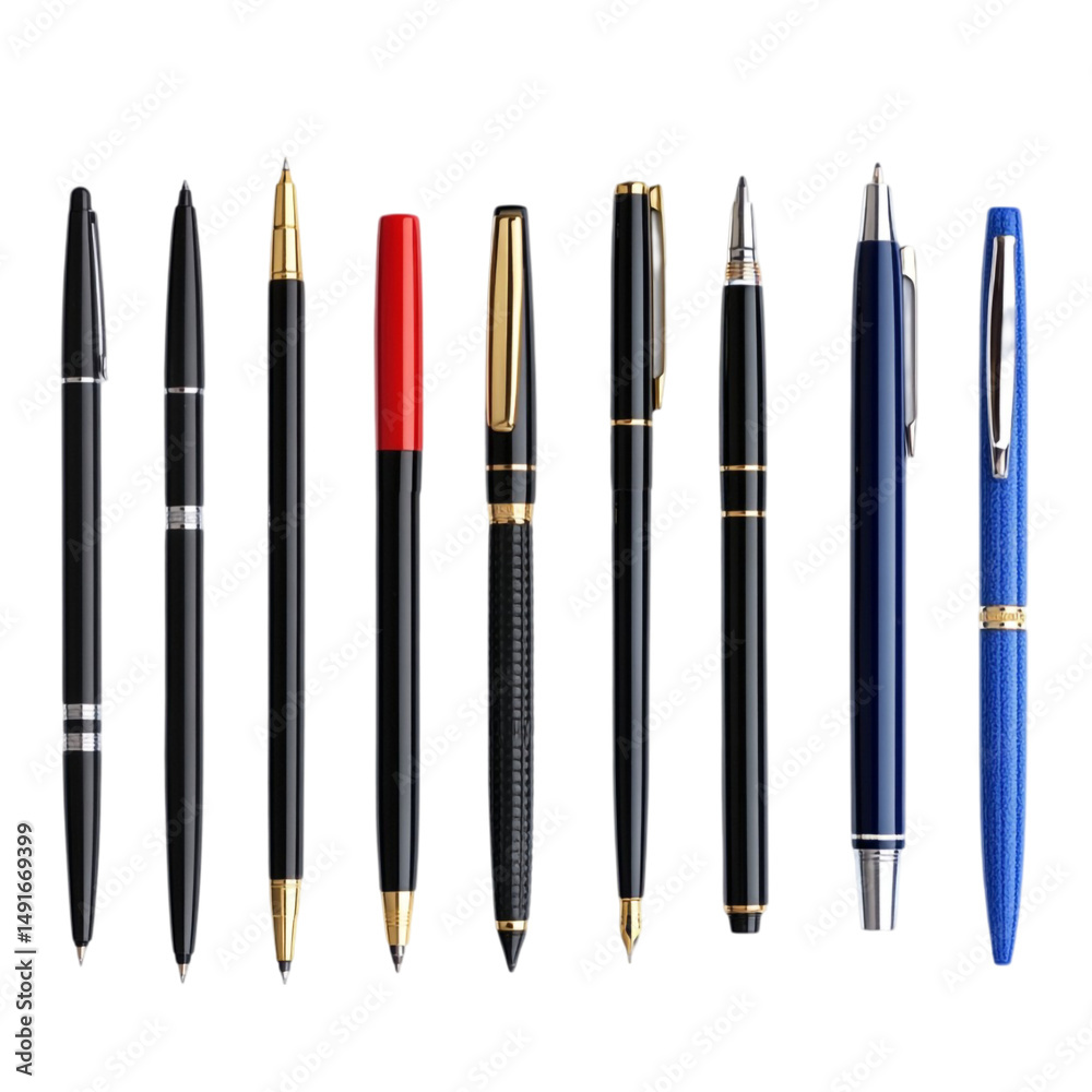 Collection of various pens displayed against a colorful striped background Collection of various pens displayed against a colorful striped background