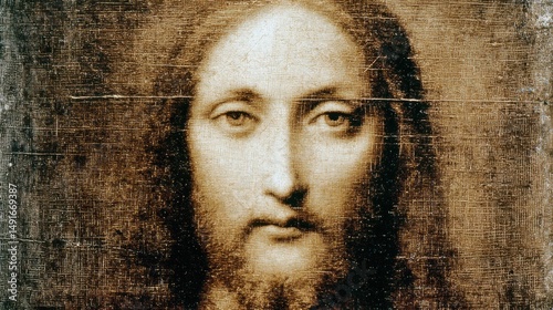 Close up of the Face of Jesus Christ from the Shroud of Turin in Italy, Religious Icon, Historical Artifact, Ancient Relic
