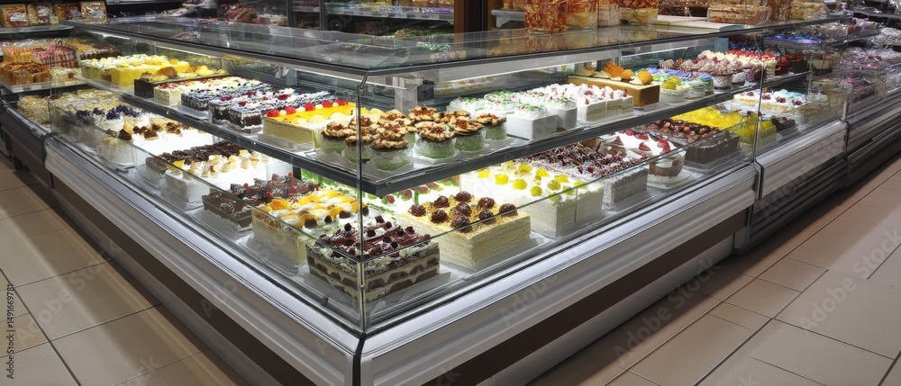 Fototapeta premium Eye-Level Display of Cakes in Glass Refrigerated Showcase at Bakery or Supermarket; Delicious Variety of Desserts for Sale; Close-up