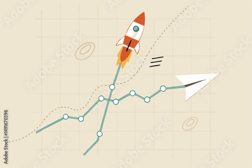 Investment growth sky rocket, high profit stock or crypto return, winner company or coins, get rich fast trader concept, investment graph and chart with sky rocket growth compare to normal airplane.