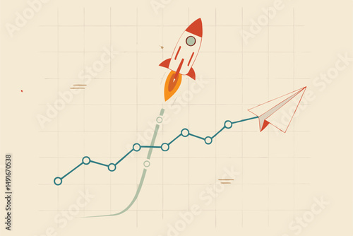 Investment growth sky rocket, high profit stock or crypto return, winner company or coins, get rich fast trader concept, investment graph and chart with sky rocket growth compare to normal airplane.