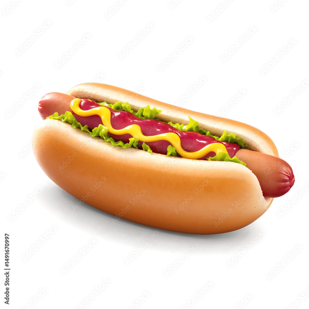 Hot dog topped with mustard and ketchup, perfect for food blogs, menus, summer cookouts, and fast food advertisements. Hot dog topped with mustard and ketchup, perfect for food blogs, menus, summer cookouts, and fast food advertisements.