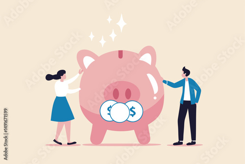 Child care expense planning, spending on having a baby or financial budget for kids concept, smart parent new father and mother with baby piggybank with teether metaphor of savings for kids.