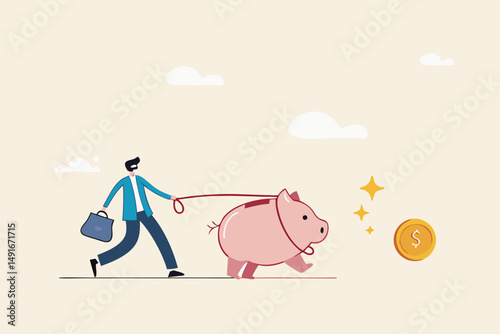 Best investment, money working for you or mutual fund return, savings or wealth management, searching for yield concept, businessman investor walking savings piggybank hunting for dollar money return.