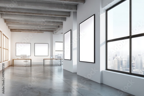 Minimalist office with blank whiteboard frames, modern desk, and polished concrete surfaces for clarity.