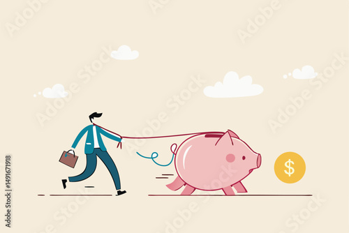 Best investment, money working for you or mutual fund return, savings or wealth management, searching for yield concept, businessman investor walking savings piggybank hunting for dollar money return.