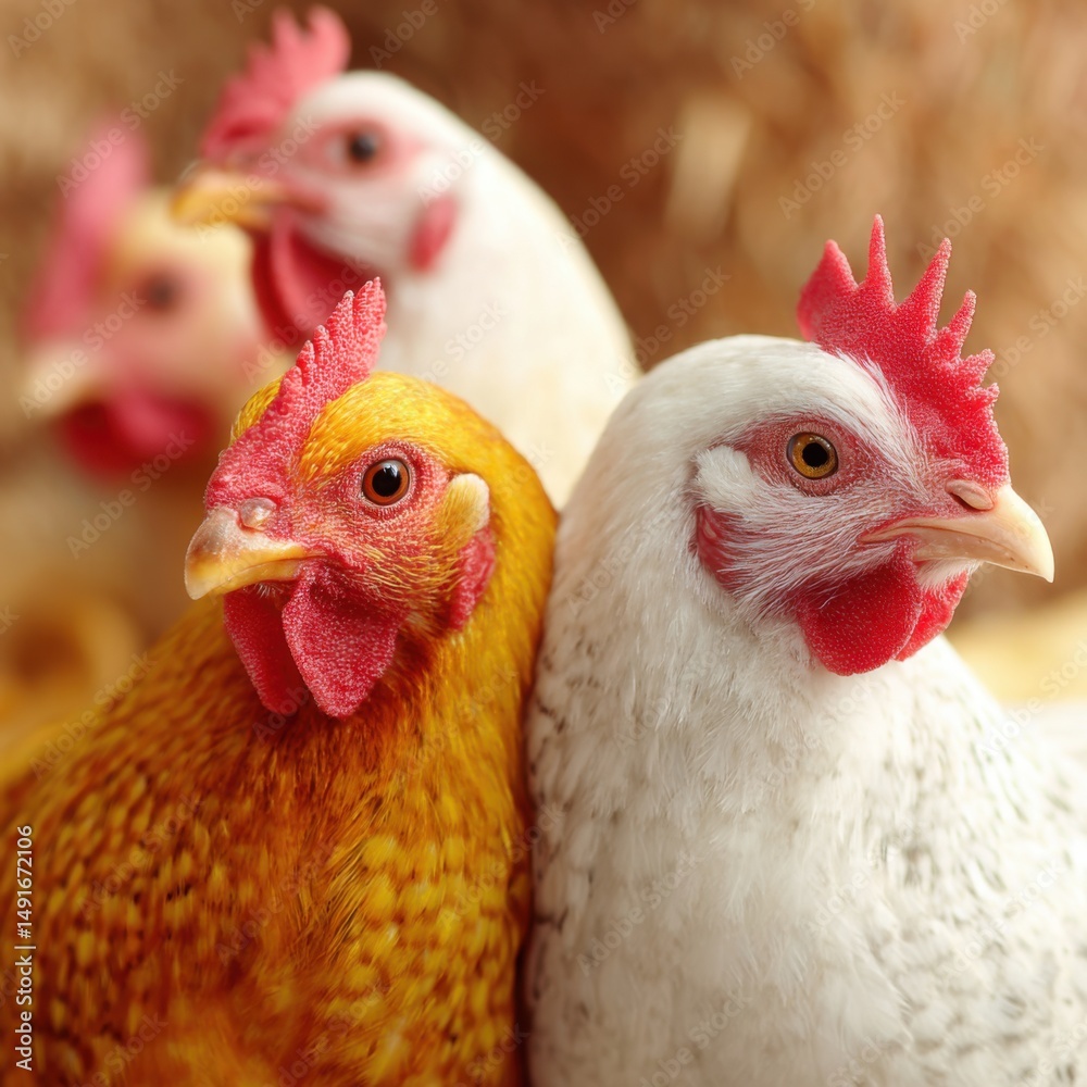 Fototapeta premium Close up of chickens in a farmyard setting showcasing poultry farming and agriculture with focus on the heads and feathers