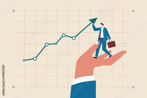 Drive sale increasing profit, business growth planning, support or help to increase income or profit, wealth management or investment concept, businessman standing on helping hand pull up rising graph