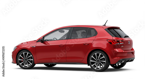 Side view of a red seat ibiza fr hatchback car with black and silver wheels on a white background