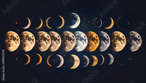 A stunning lunar phase illustration showcasing the moon's transformation through various stages, set against a dark starry background