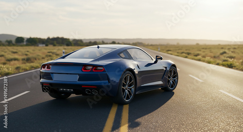A blue sports car driving on a highway with a field and hills in the background on a sunny day