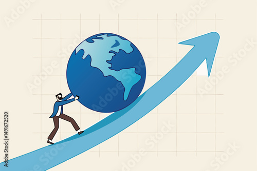 Pushing world economic forward, international investment growth or company success in world business competition concept, businessman leader push the world up rising up graph with full effort.