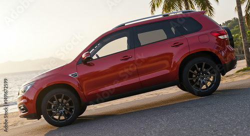 Red suv parked on a beach road with palm trees in the background during a sunny day at the coast