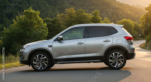 Silver suv parked on a road with trees and hills in the background during golden hour sunlight