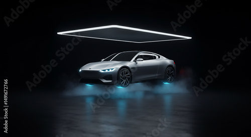 Silver sports car floating with blue lights under a bright rectangular light in a dark room setting