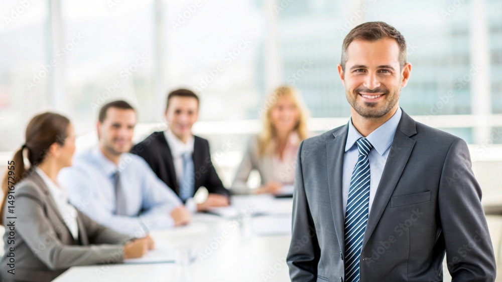 A confident businessman stands in front of a team meeting in a modern office setting. A confident businessman stands in front of a team meeting in a modern office setting.