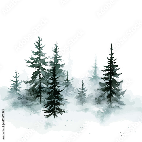 watercolor of Foggy Morning In The Winter Forest, vector high quality, isolated on a white background.